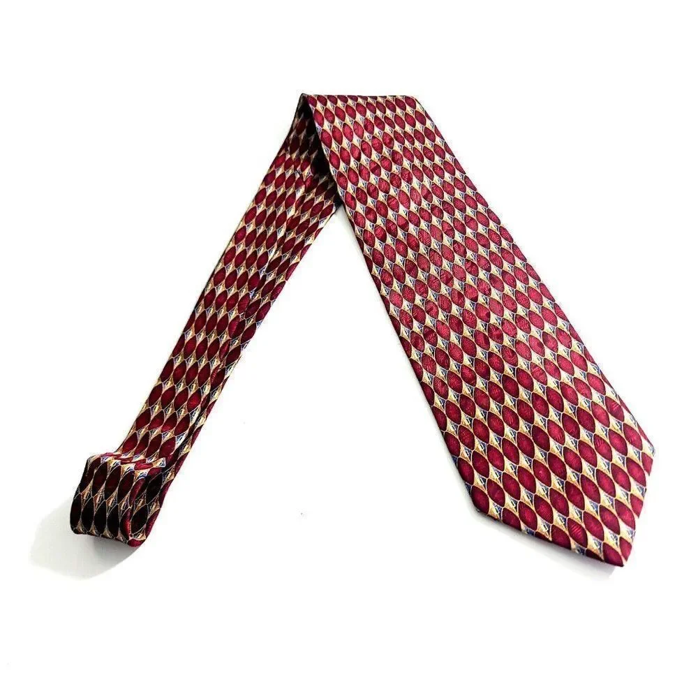 Jos A Bank Red Tan Gray Geometric‎ Jacquard Print Wide Silk Tie